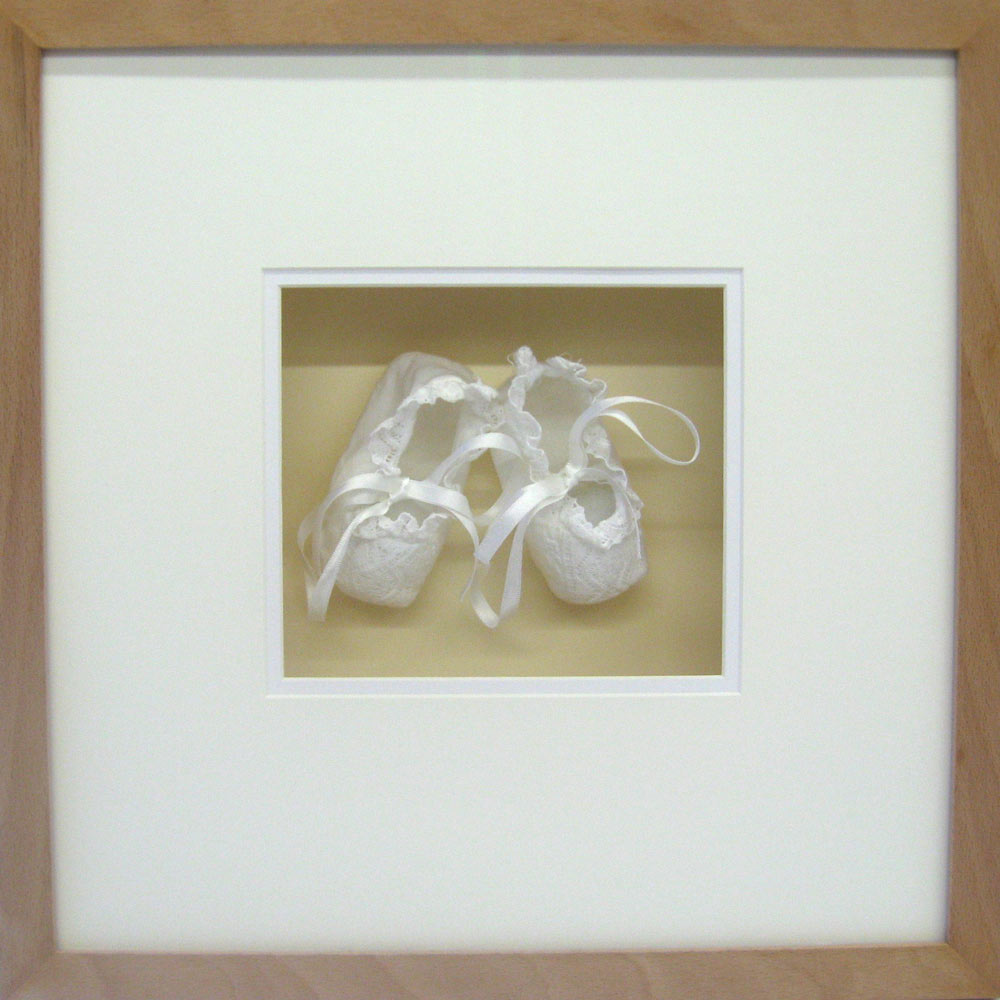 bespoke picture framing 3d objects children's christening shoes